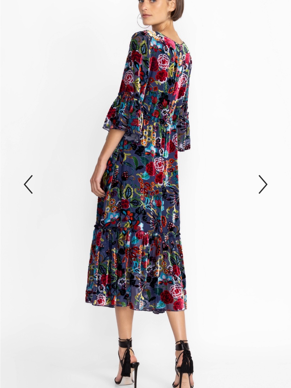 Burnout velvet &silk blend midi dress floral, tiered, ruffle elbow sleeve sz XS